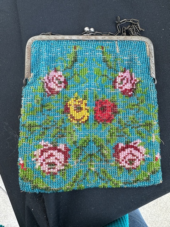 Antique Handbags - ANTIQUE 1900s to 1920s MICRO BEADED BAG TURQUOISE W/ METAL FRAME & CHAIN STRAP